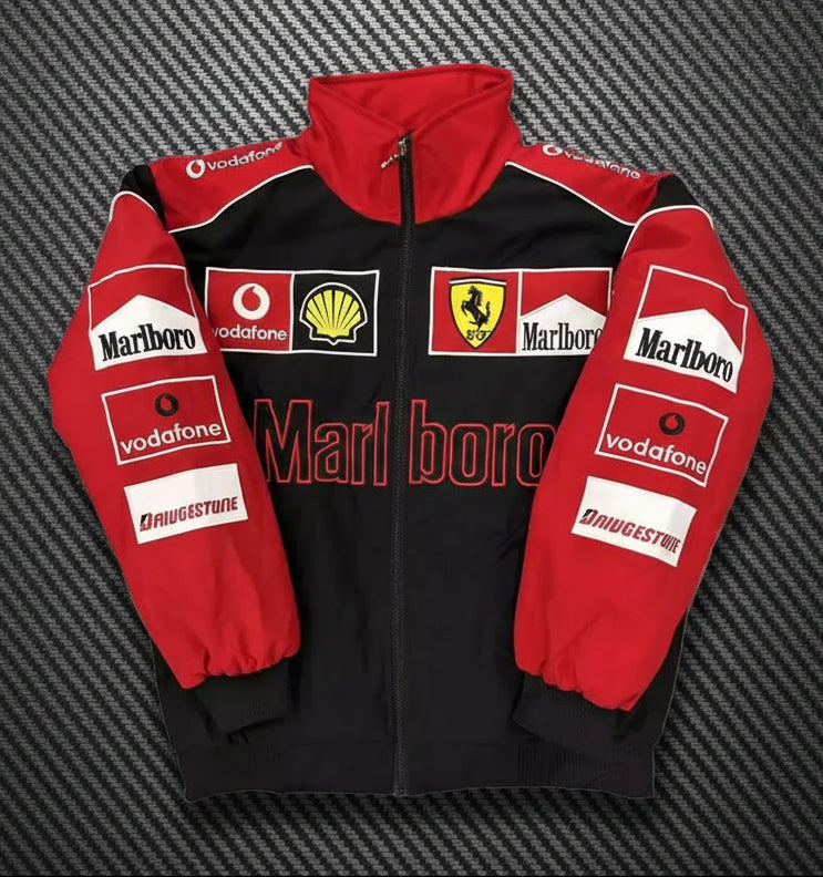 Black and red jacket with various logos