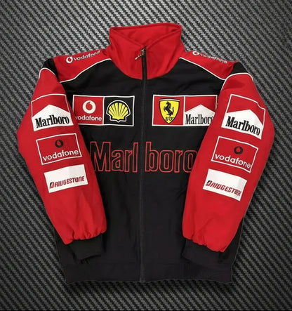 Black and red jacket with various logos